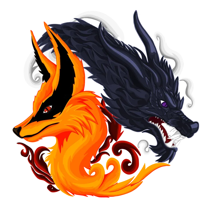 Emblem von Kyuubi D. Dragon: ein Feuerfuchs und ein schwarzer Drache