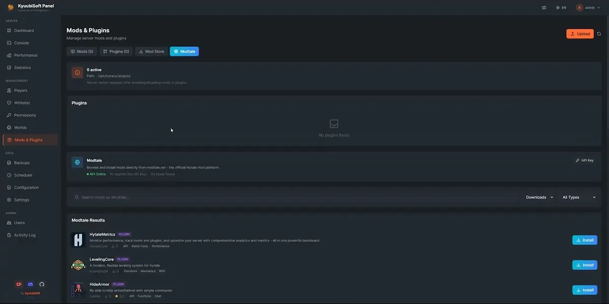Ansicht „Mods & Plugins“ im KyuubiSoft Panel mit Seitenleiste und Mod-Liste