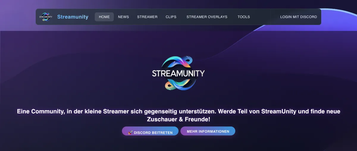 Startseite von Streamunity mit Logo und Einladung in die Community
